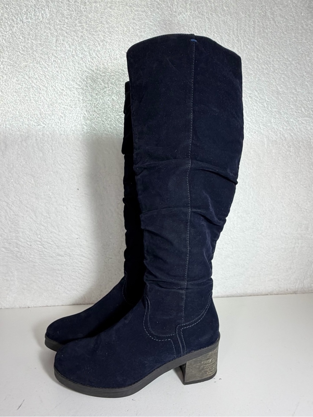 MUK LUKS Tall Ruched Faux Suede Faux Fur Lined Navy Boots Women 9